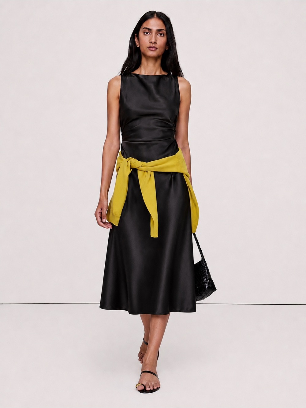 Wilfred | Black Chic Euro Summer Portrait Satin Midi Dress ~ New w/ Tags US 6